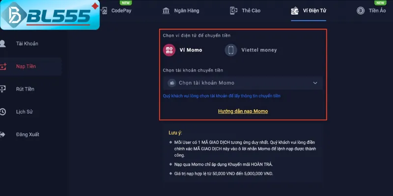 Cách nạp tiền BL555 dễ dàng